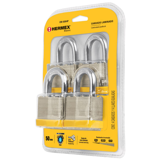 Candados laminados, 50mm, blister con 4 piezas, Hermex Basic