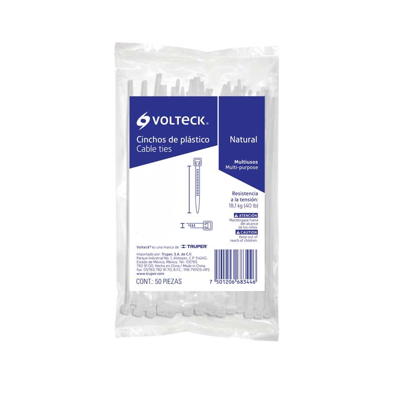 Cintillo plástico 40 lb Natural | Bolsa con 50 piezas | Caja con 10 Bolsas