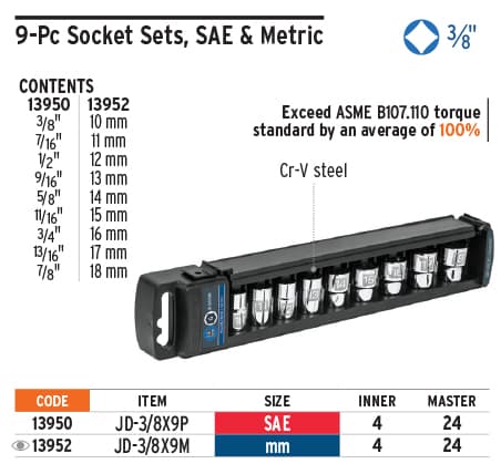 Juego de 9 dados cortos estándar o milimétricos cuadro 3/8" | Caja con 4 juegos