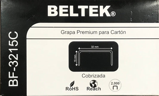 Grapa Premium para Cartón BELTEK 32 mm X 15 mm | Caja con 20,000 piezas
