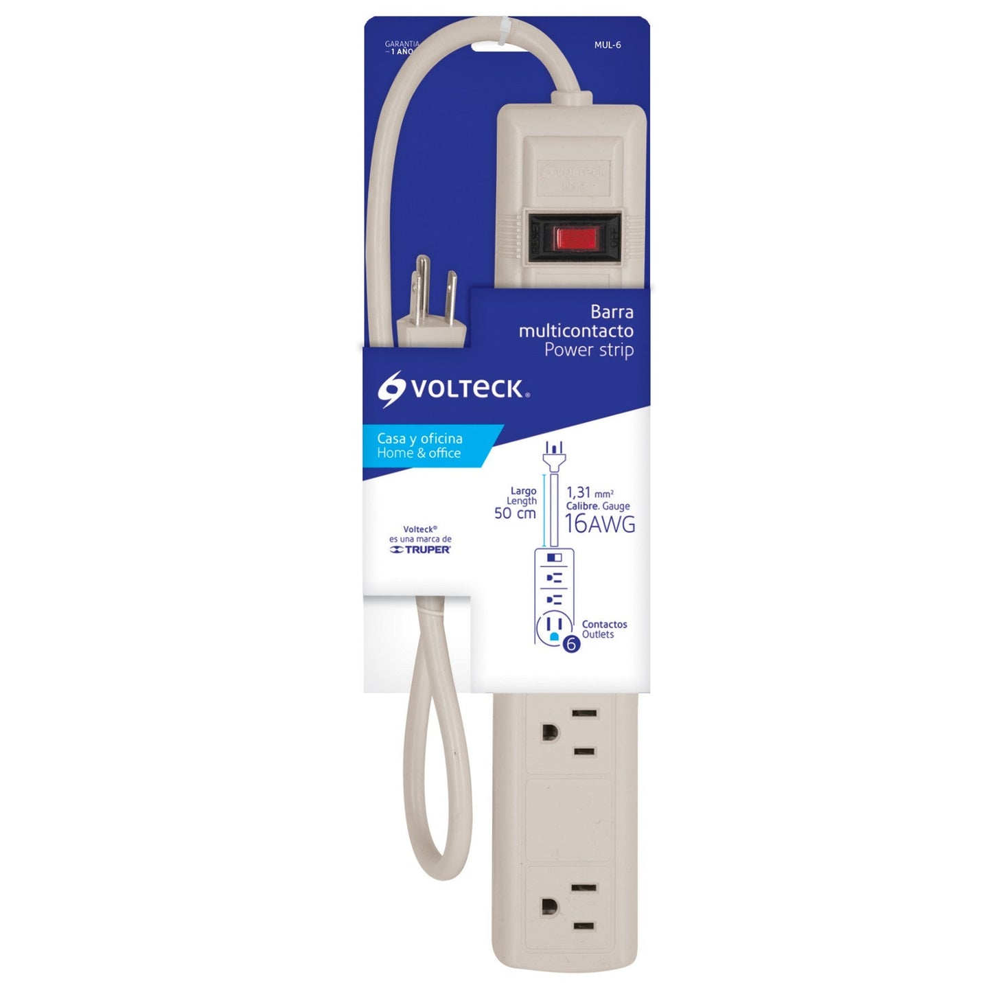 Multicontacto Volteck 6 entradas, 16 AWG | Caja con 6 piezas