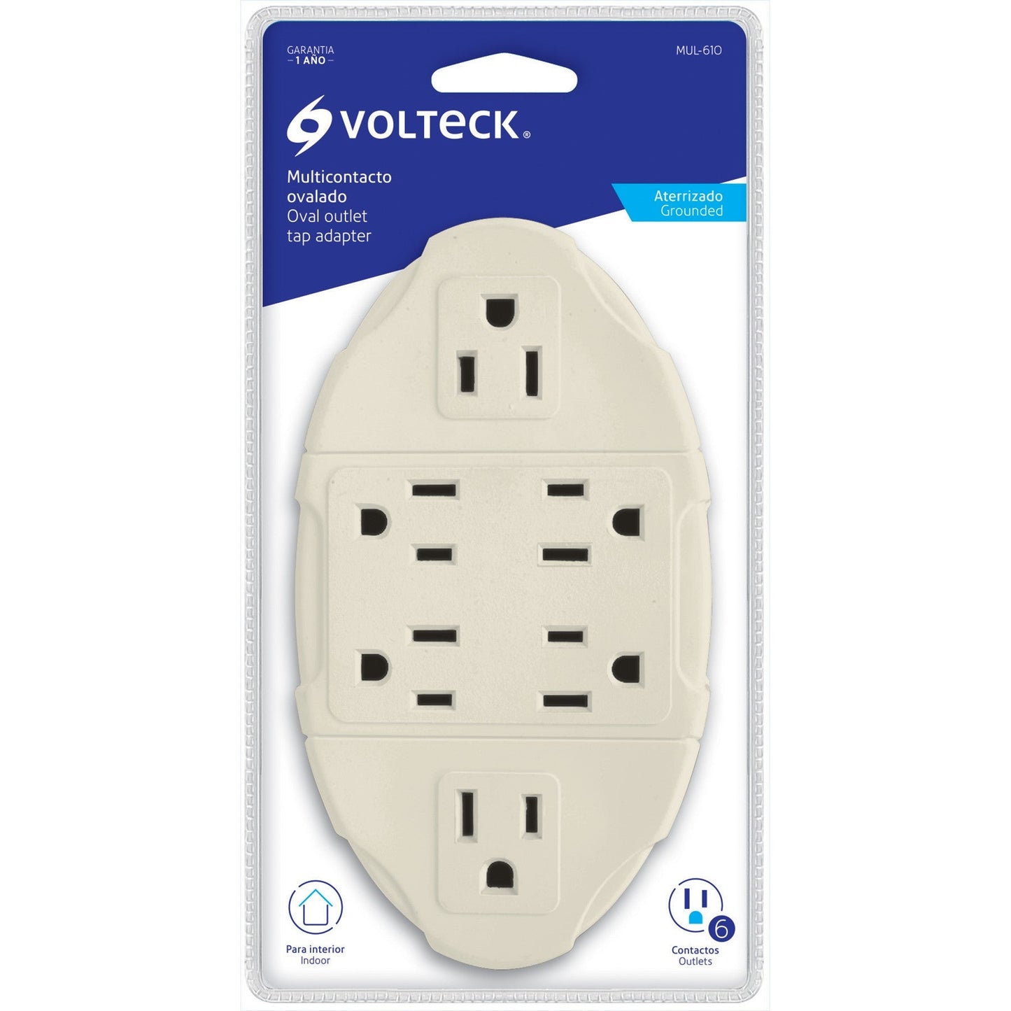 Multicontacto aterrizado ovalado, 6 entradas, Volteck | Caja con 6 piezas
